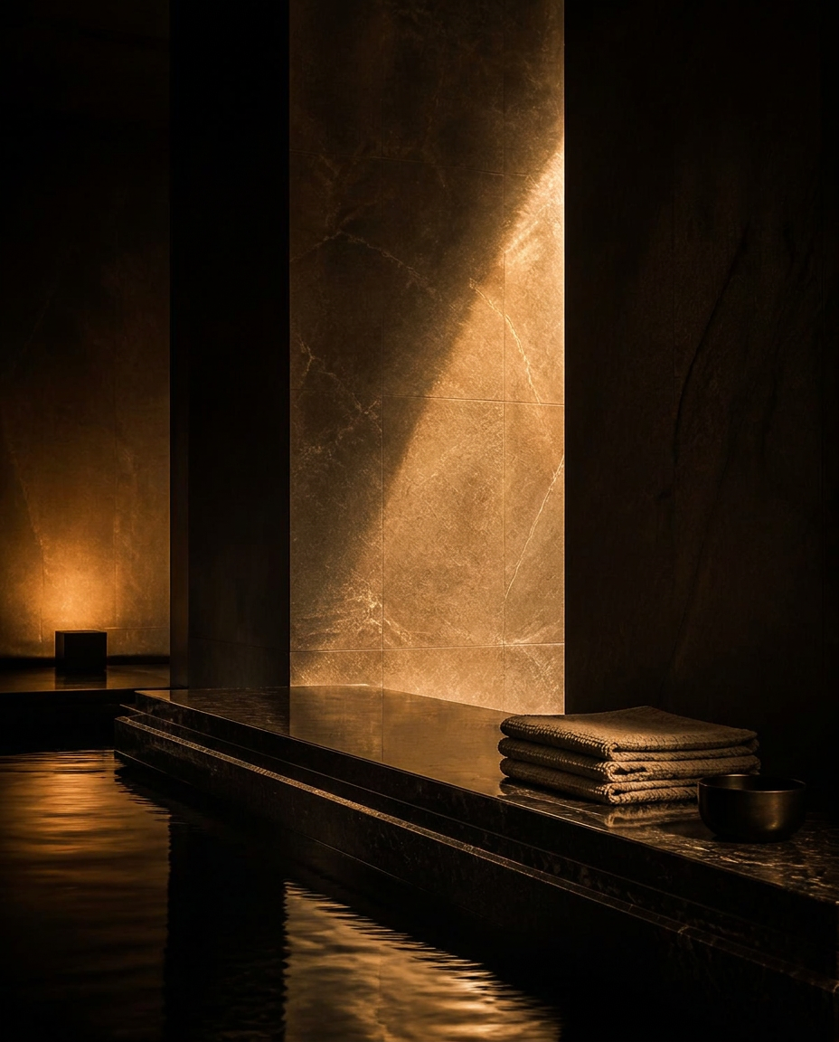Spa de luxe, pierre noire et lumière dorée